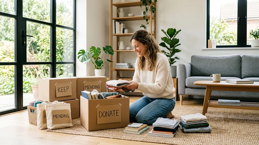 A woman smiling while sorting belongings into keep and donate boxes in a bright living room