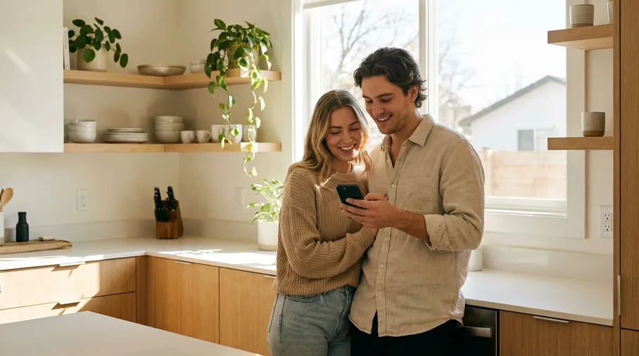 A couple standing in a bright kitchen looking at a phone together and smiling