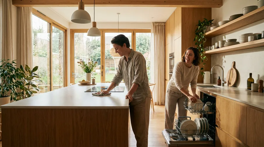 Couple laughing together while cleaning their modern kitchen
