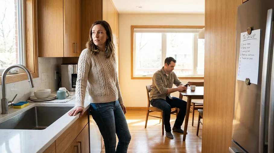 A woman leaning against a kitchen counter looking thoughtful while her partner sits at the table in the background on his phone