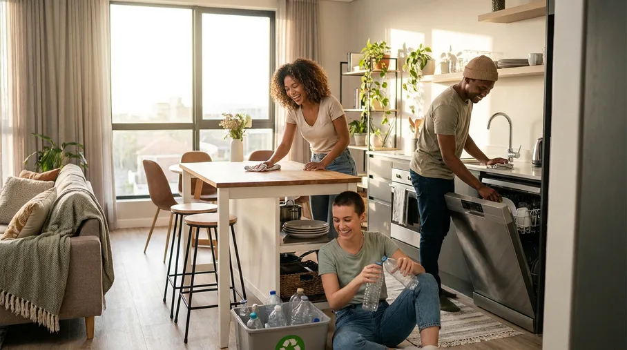 Three roommates cleaning their shared apartment kitchen together, smiling and cooperating