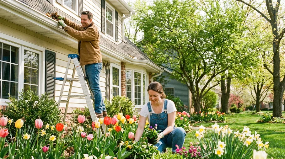 A couple doing spring home maintenance — cleaning gutters and tending garden beds