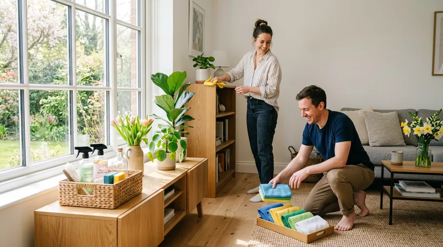 Two household members spring cleaning a bright living room together
