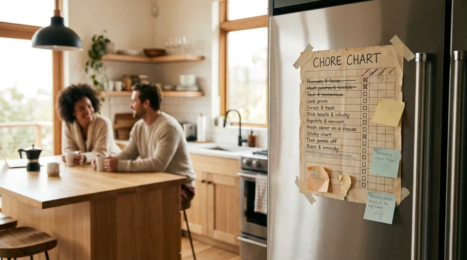 A faded paper chore chart taped to a refrigerator with a couple talking over coffee in the background